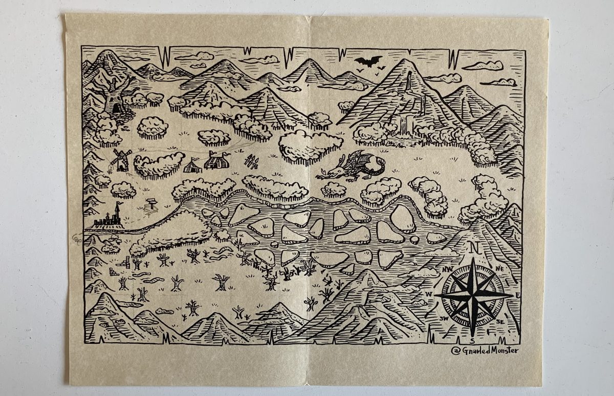 Beyond the Borderlands Player Map. Black ink drawing on weathered paper. Depicts a valley with various sites of interest, including a tree holes resembling a face, a windmill, a dragon, and a large river and swamp.