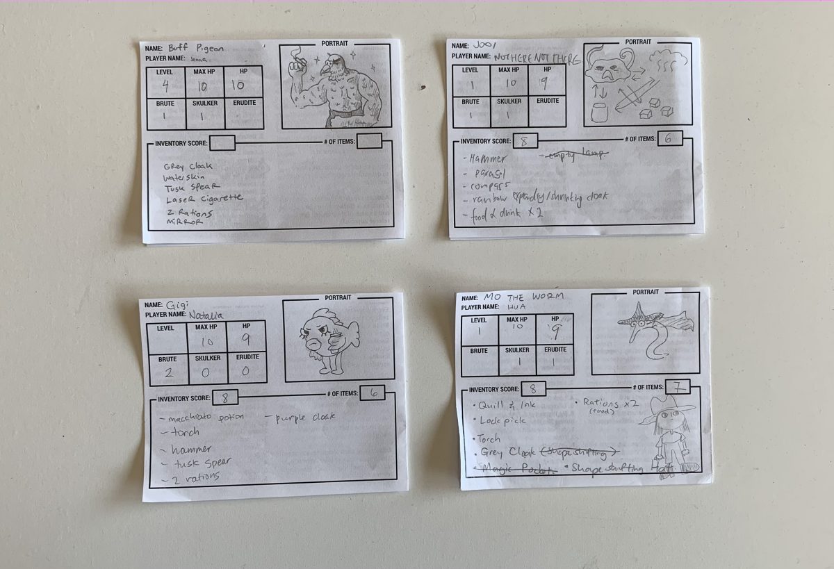 Four Tunnel Goons character sheets, each has a pencil drawn portrait of the character on it.