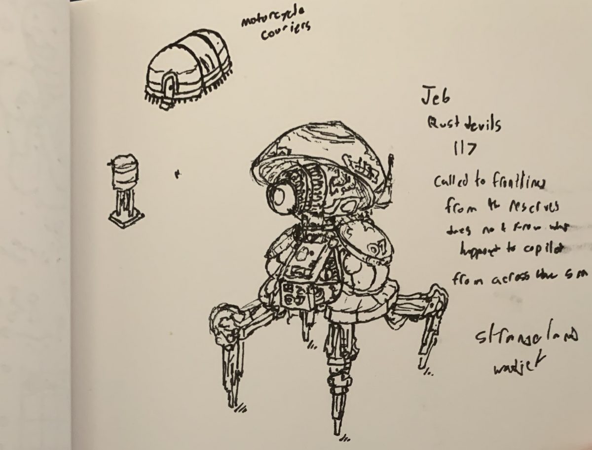 Player notes and sketches of a four-legged mech and small habitation.
