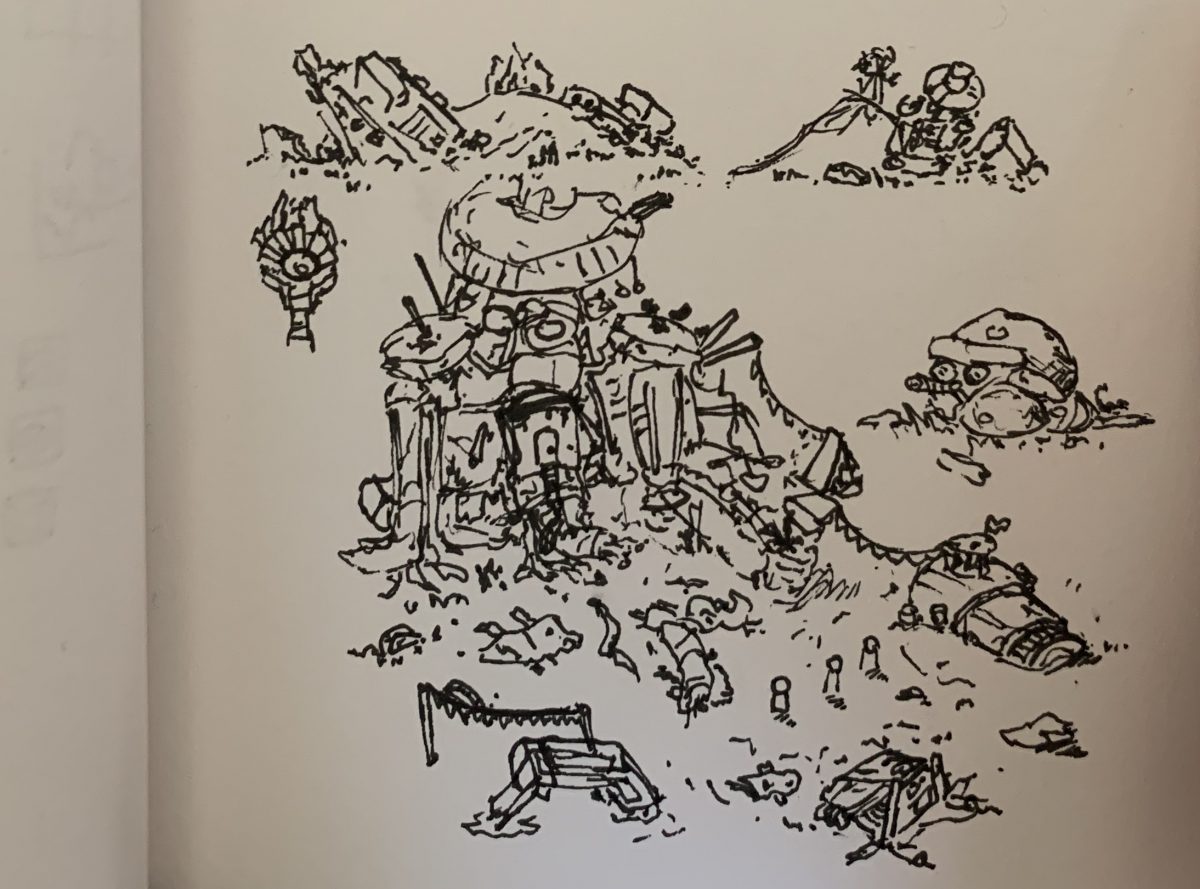 Player sketches of repurposed mech wreckage and a vista with a crashed spaceship.