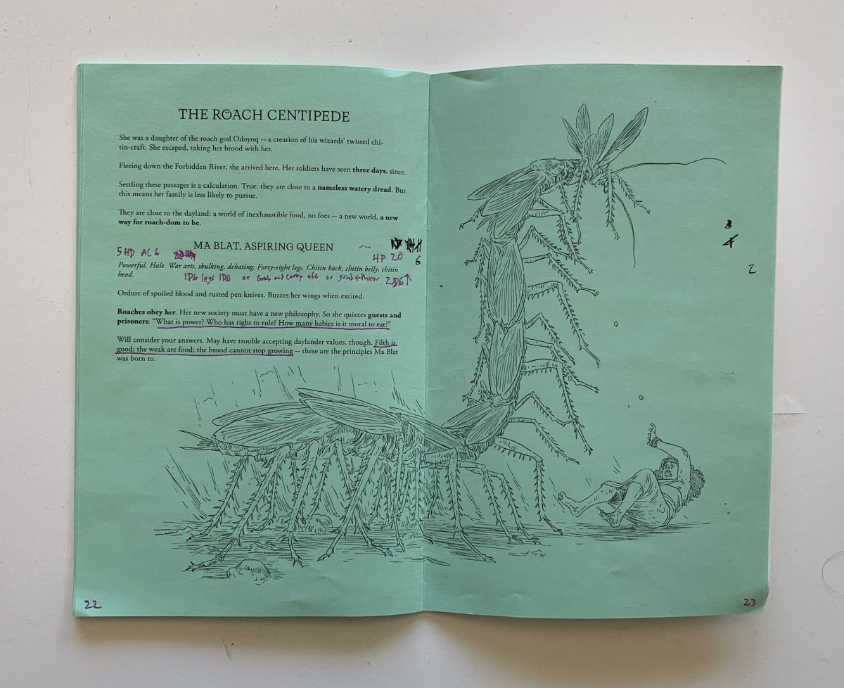 A spread from Quiet Lake showing Ma Blat, a cockroach queen looking like a centipede made of roaches conjoined at the head. A person on their back shields their face frightened as Ma Blat Rears up.