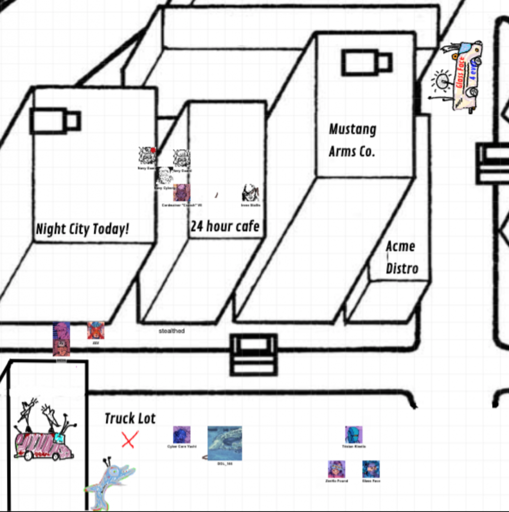 Map for game in Roll20. An isometric birds-eye view of city with many different player tokens and sketches scattered around