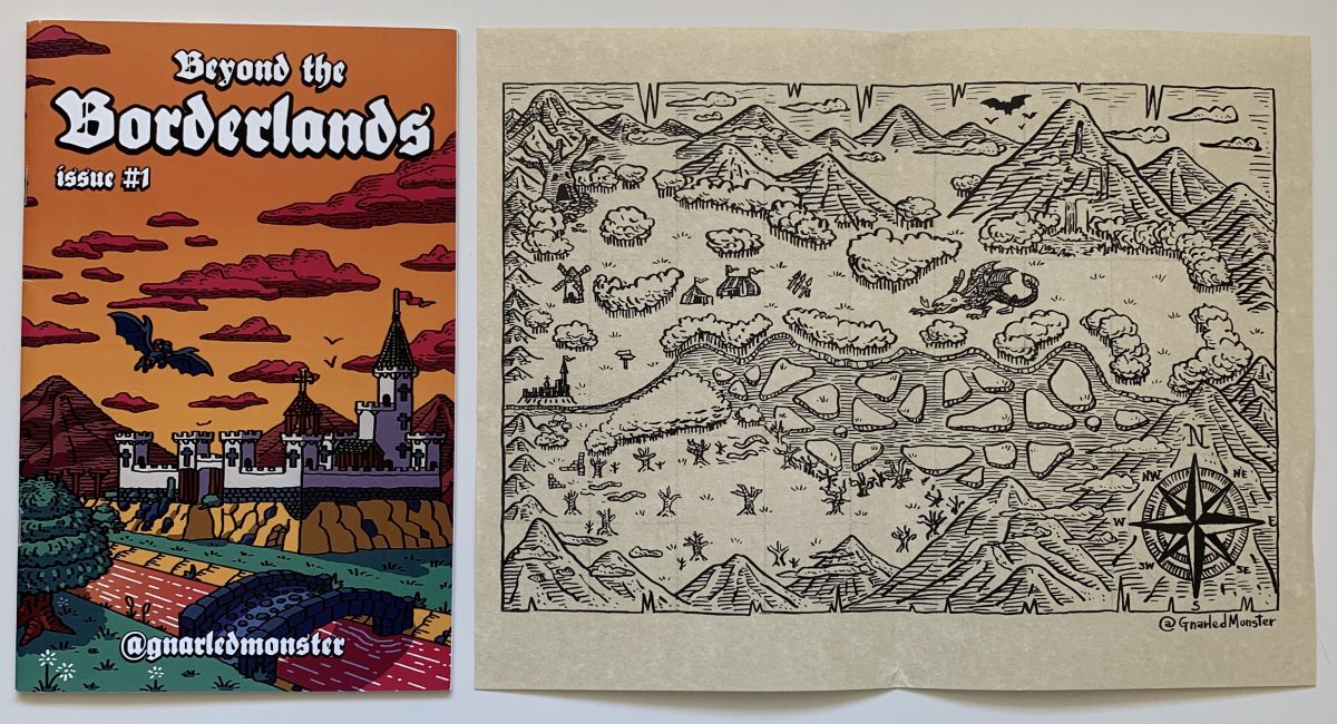 Game book and game map. Beyond the Borderlands by Alex Damaceno. Book cover shows sunset over a white castle. Next it is a pen and ink fantasy map on worn looking paper.