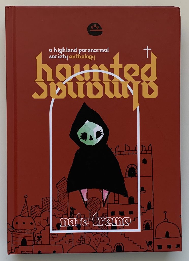 Game book. Haunted Almanac by Nate Treme. Cover shows a cartoony fantasy castle and hooded skeleton in door-shaped frame