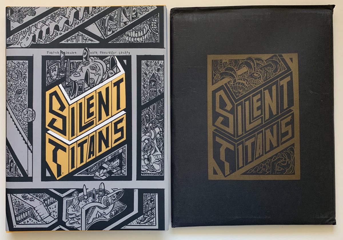 Game book cover and materials folder: Silent Titans by Patrick Stuart, Illustrated by Dirk Detweiler Leichty. Cover features isometric illustrations of strange machines and places.