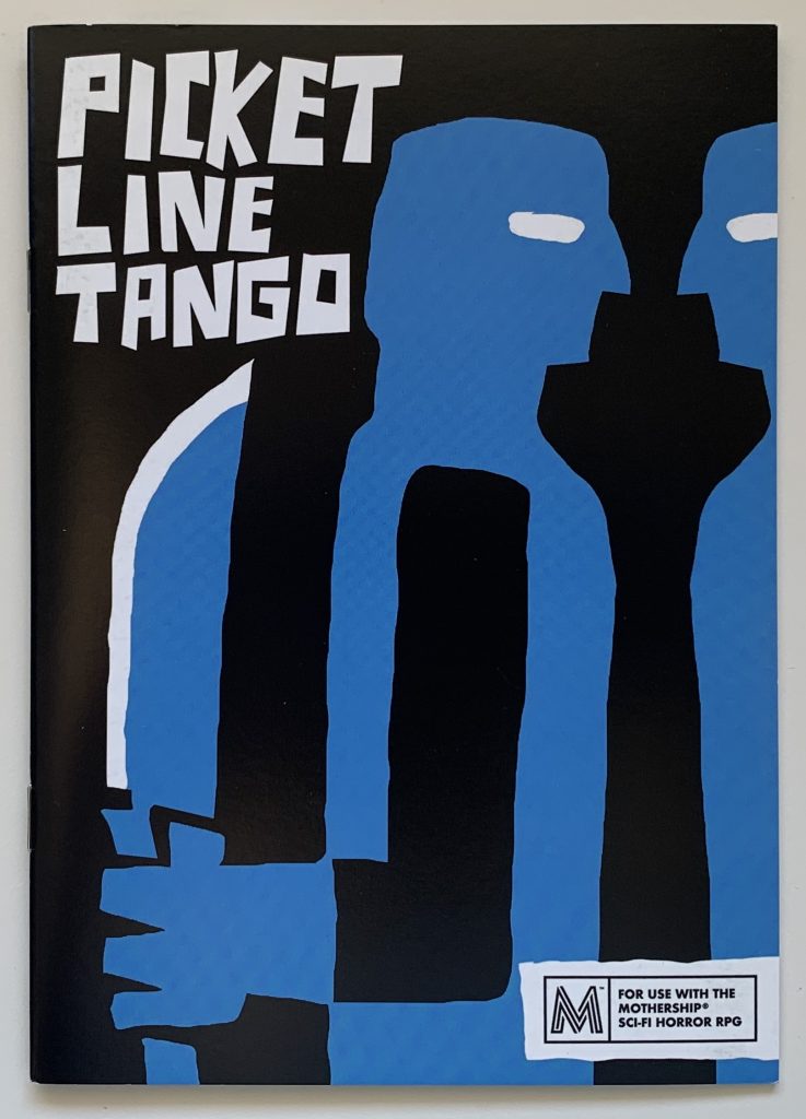 Game book Cover. Picket Line Tango by Emily Weiss, illustrated by Roque Romero. Two blue abstract woodcut figures look at each other in profile. One holds a knife behind their back.
