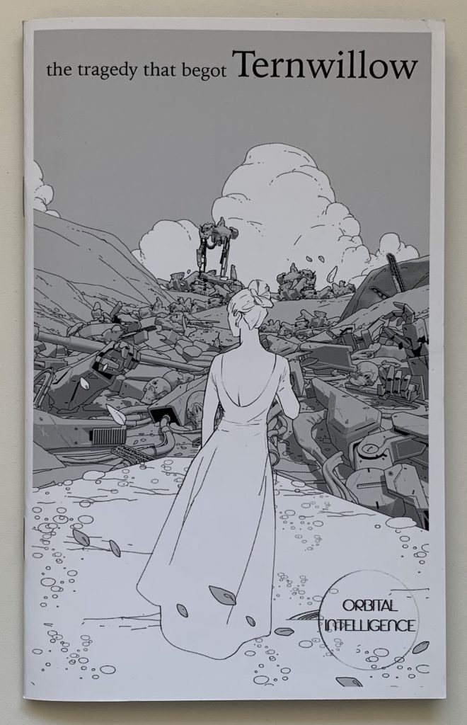 Game book cover: The Tragedy that Begot Ternwillow by Sean Richer, illustrated by Chin Fong. A woman in an elegant white dress stands in a junkyard, a mech stands on the horizon.