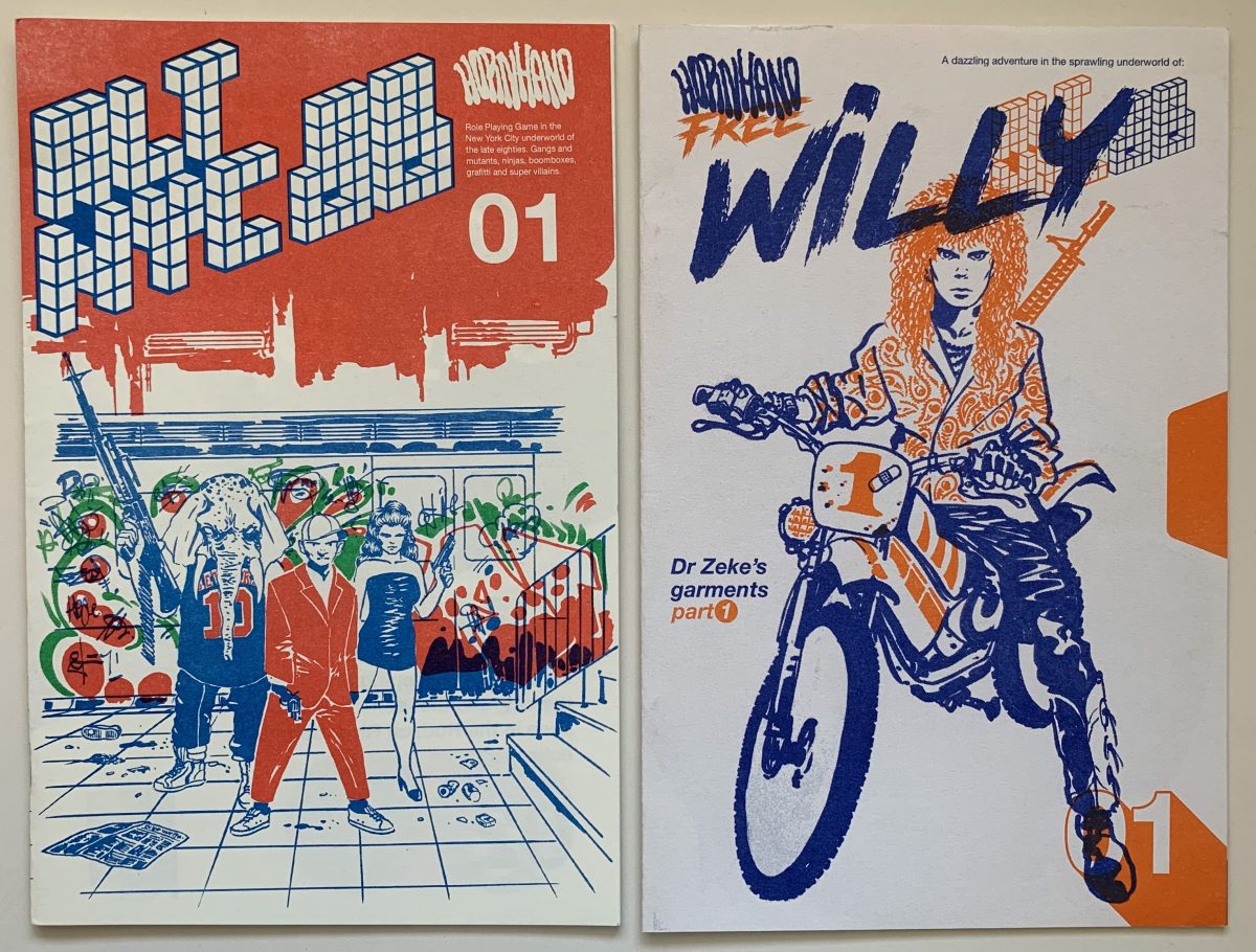 Two Game zines: Altnyc 88 and Free Willy by Pontus Björlin. Both a risograph printed. Altnyc shows three gansters in front a grafittied subway train, one has an elephant head. Free willy shows a hairmetal looking guy on racing bike with a paisley suit and m-16.
