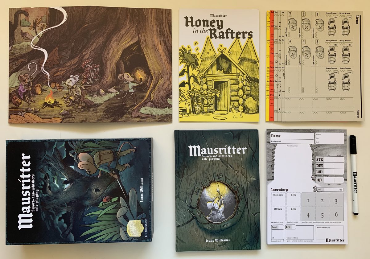 A game boxed set: Mausritter by Isaac Williams. Box, book, GM screen feature images of adventuring mice in perilous woodland.