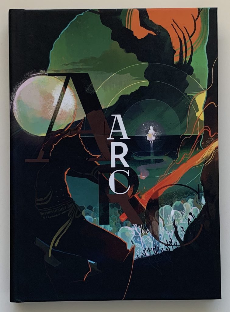 Gamebook. Arc by Momatoes. Cover features a painterly scene of of a sea, a burning volcano, and full moon. Expressionist text over the image reads Arc in both black and white.
