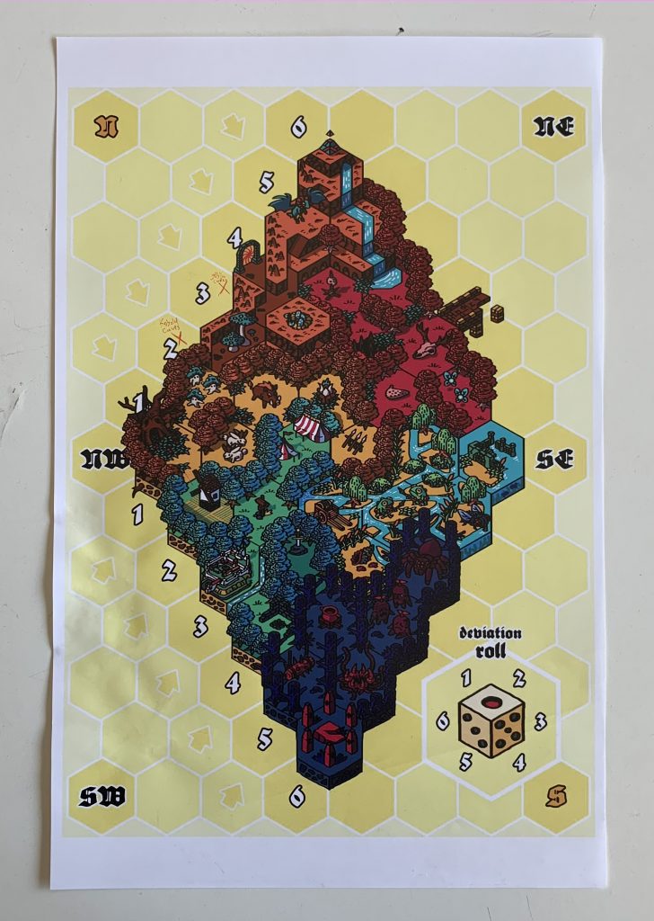 The Hex Map from Beyond the Borderlands. Each Hex contains isometric illustrations of landmarks and fantasy creatures, like frogmen or a giant spider.