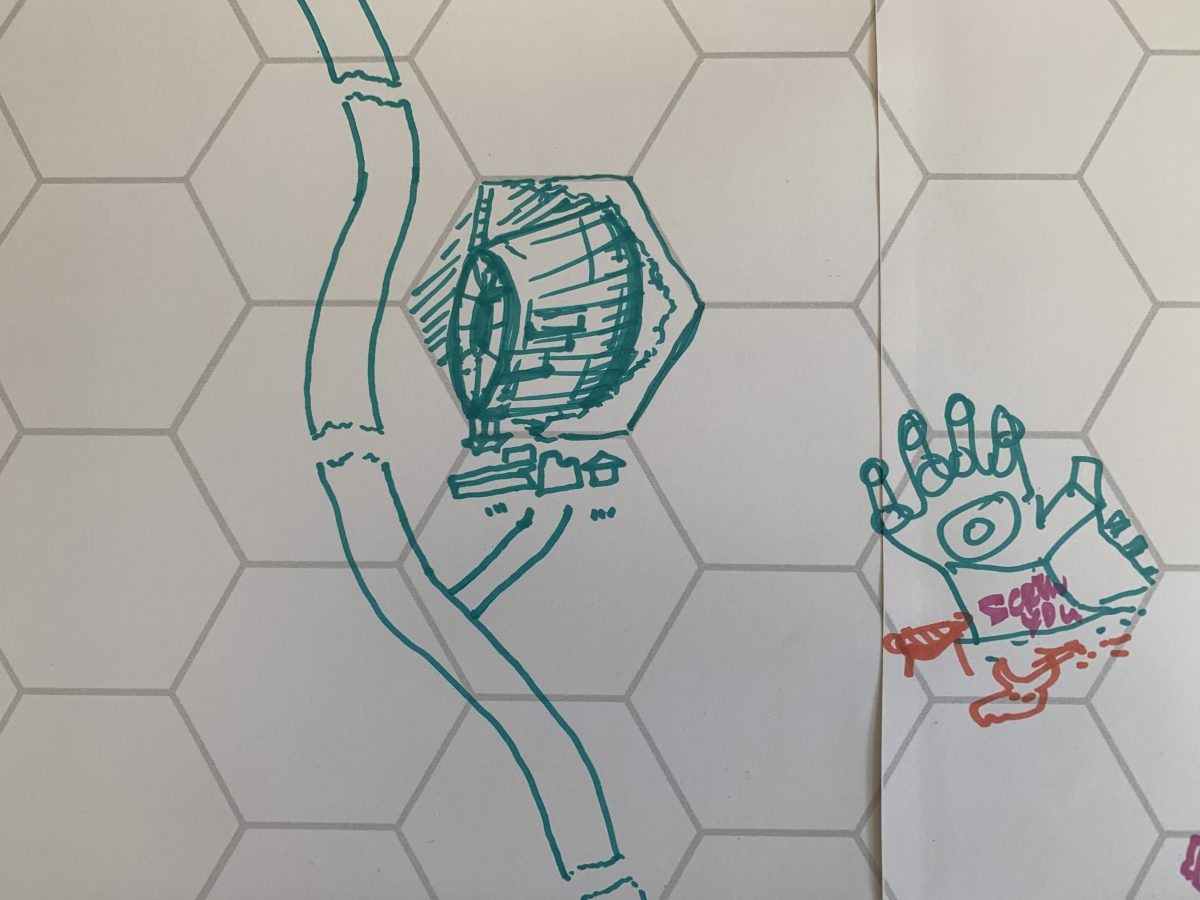 Two map hexes. One contains a giant robot hand with a grill and cowskull. The other contains a large spaceship engine looming over a tiny village.