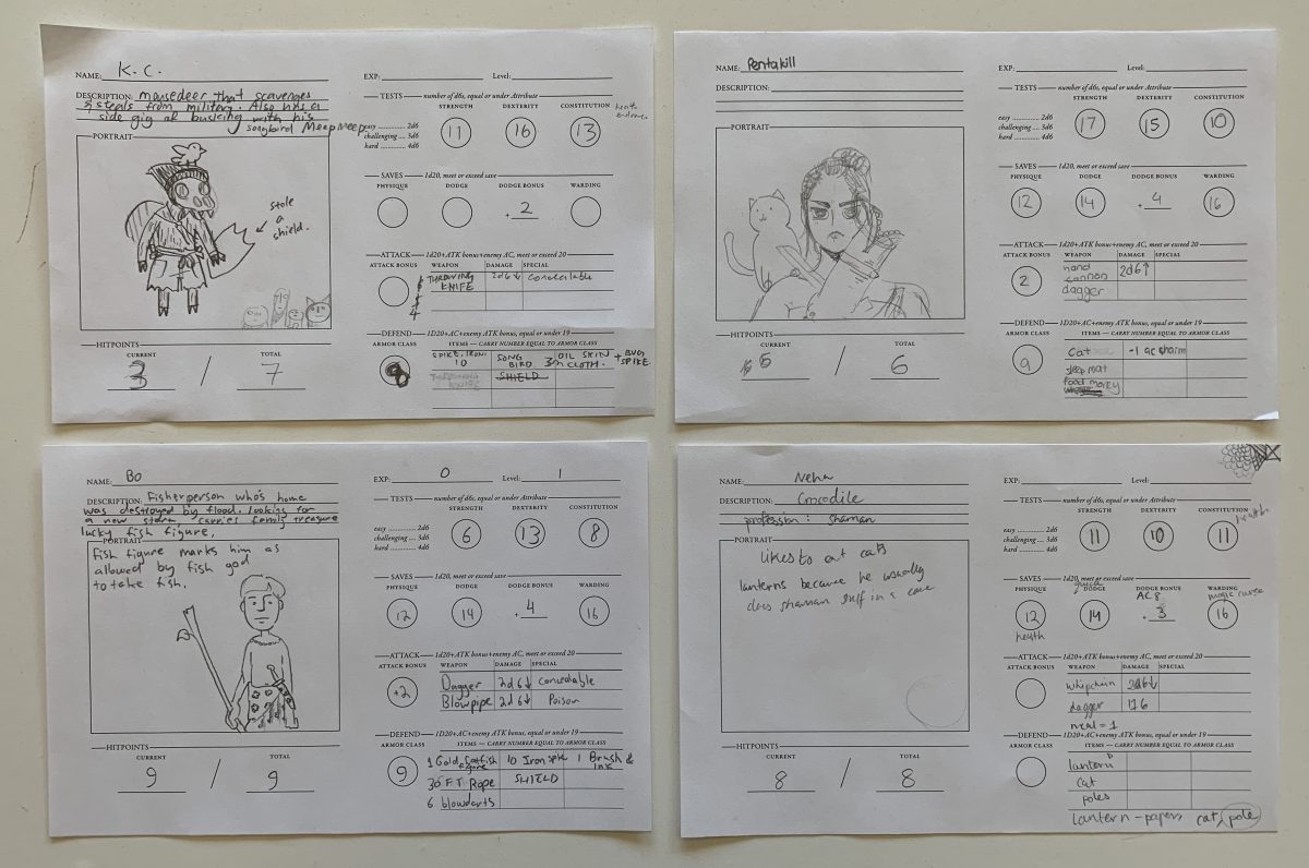 Four character sheets with character portrait drawings.