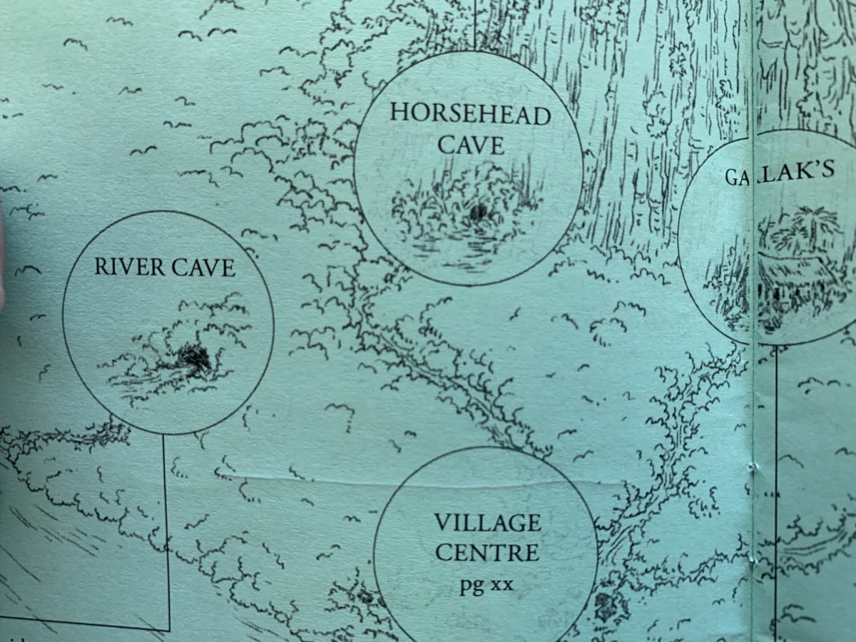 Map from quiet lake showing a forested path and a cliffside cave.